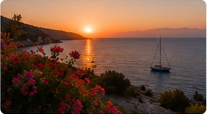 Solnedgång över havet i Grekland